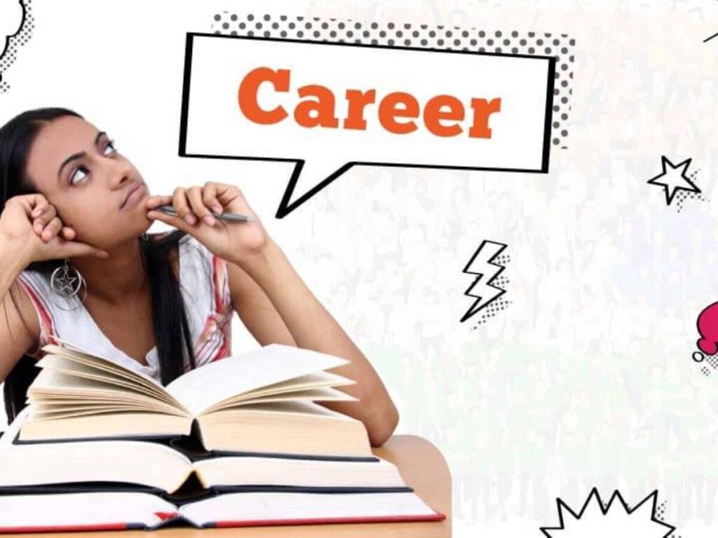 Woman thinking about her career while reading books