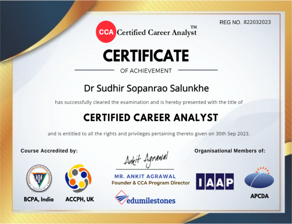 Certified Career Analyst Certificate - Dr Sudhir Sopanrao Salunkhe